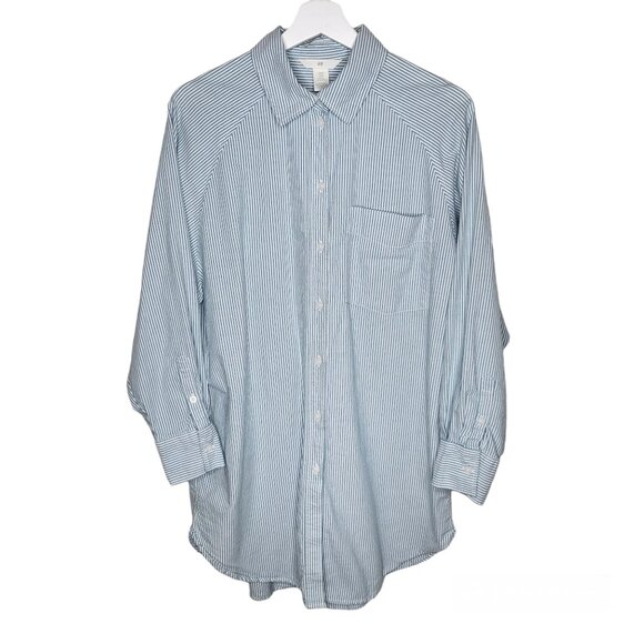 PICK 3 FOR $20 H&M Oversized Striped Oxford Pocket Button Down Shirt Size XS - Picture 1 of 6